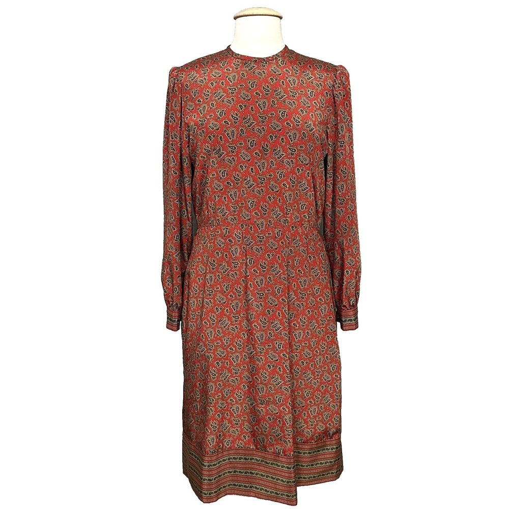 Vintage 70s Womens Dress 10 Red Paisley Midi Classic Secretary Dark Academia